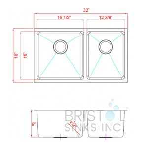 Évier de cuisine 3/4- 1/4 sous plan en acier inoxydable 32x18